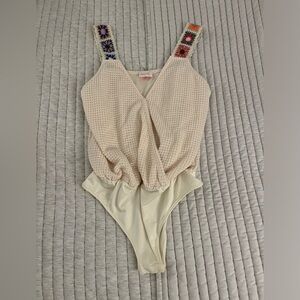 Pink Lily Crochet Strap Waffle Tank Bodysuit Size Small